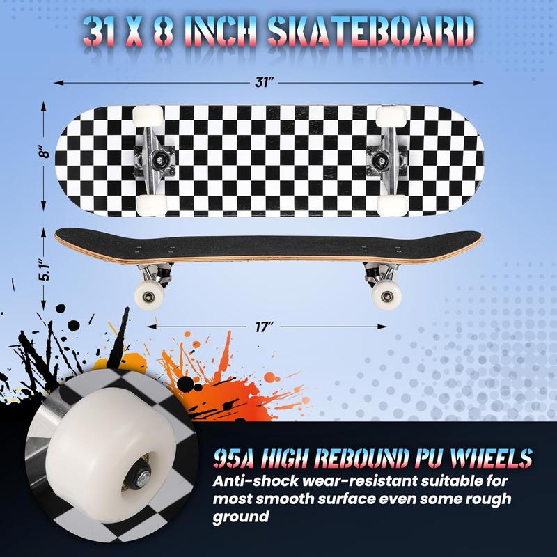 Pro Complete Skateboards for Beginners Girls Boys Kids Youths Teens Adults 31"x8" Skate Boards 7 Layers Canadian Maple Double Kick Deck Concave Longboard