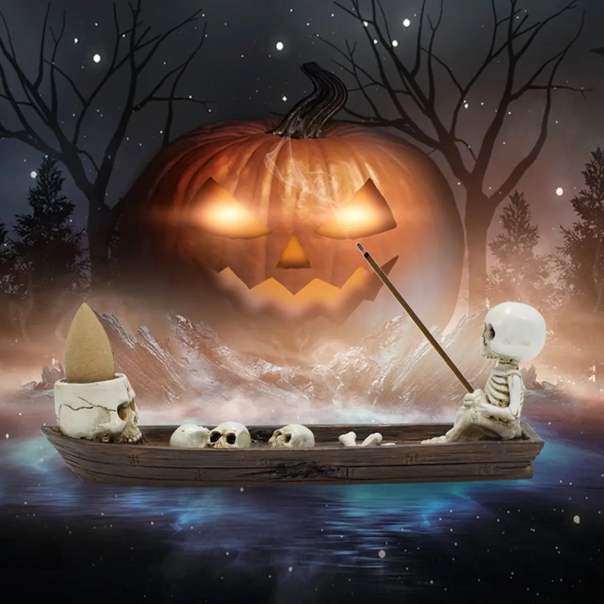 Creative Skeleton Fishing Boat Design Incense Burner, Backflow Smoke Effect Incense Burner with Incense Sticks & Fragrance Blocks, Halloween Gift, Scented