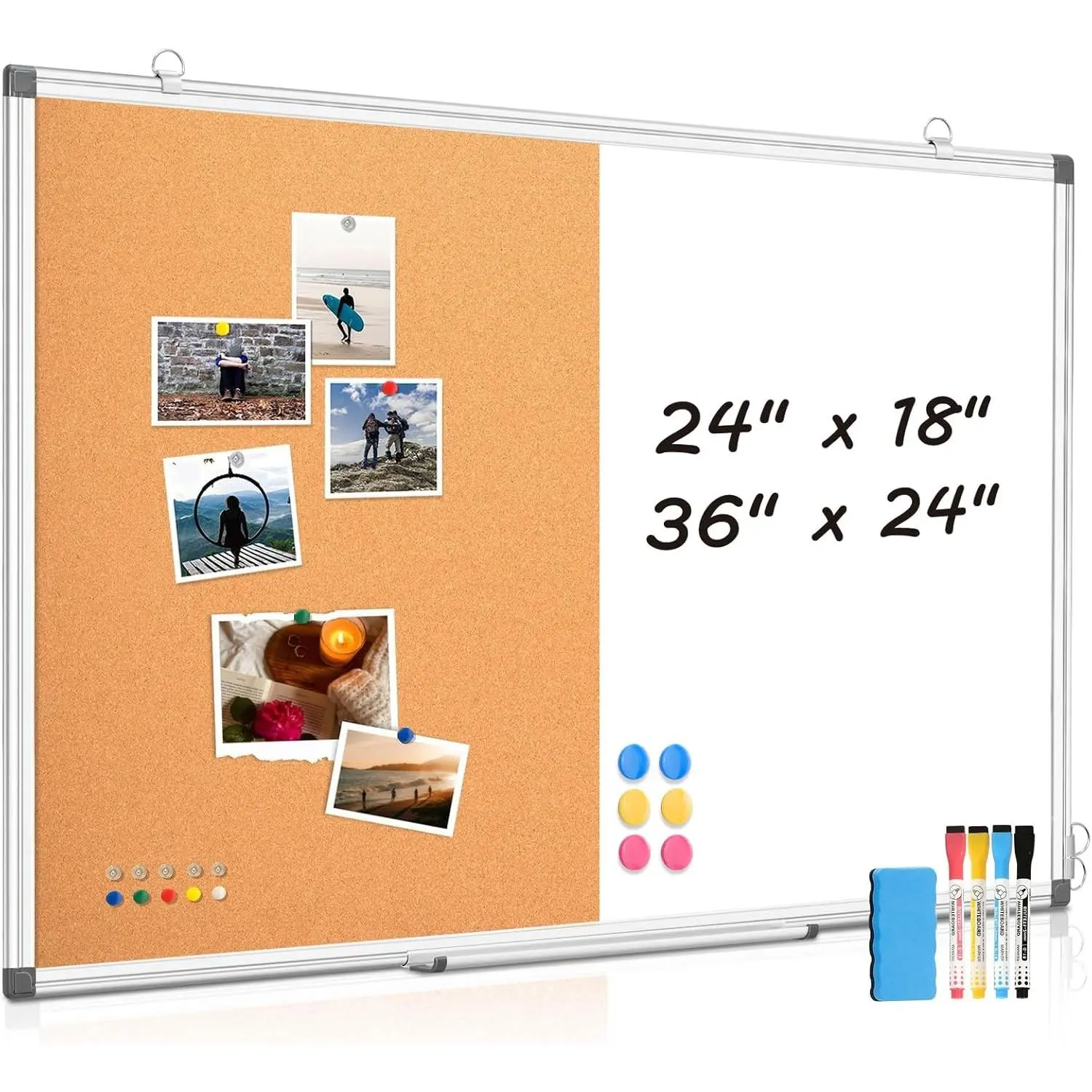 Combination Magnetic Whiteboard & Corkboard, 24"x18" Combo for School, Office & Home, Dry Erase Board with Removable Tray, Pins, Eraser, Markers & Magnets