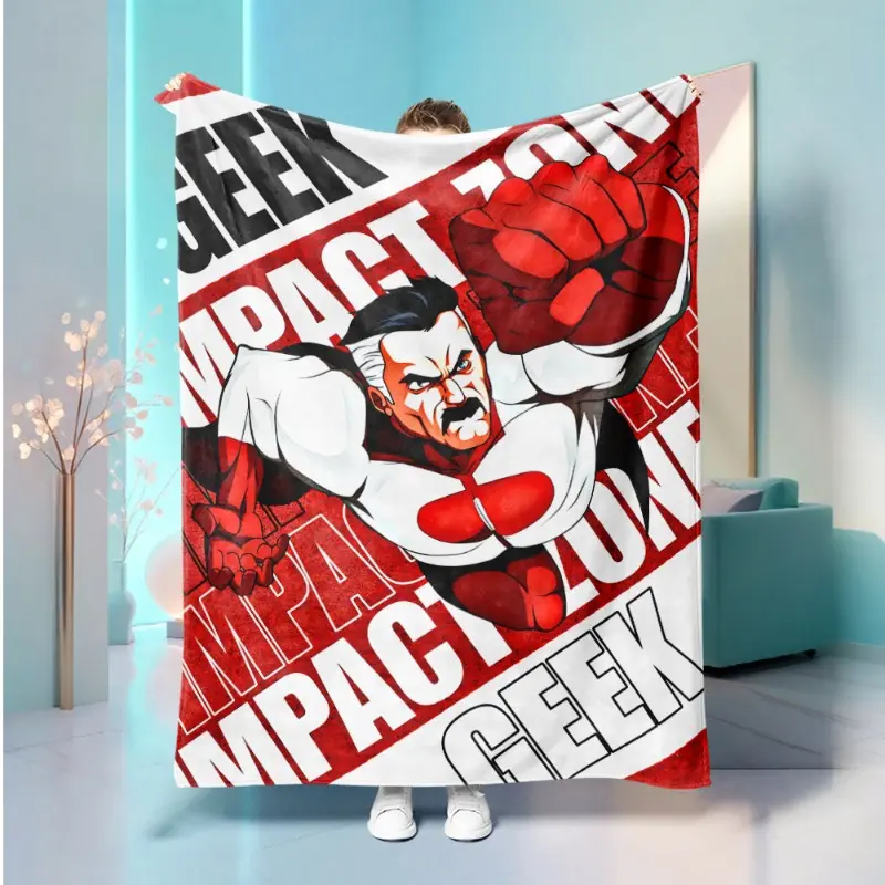 Omni-Man Invincible Comic Art Fleece Throw Blanket - Superhero Themed, Fade-Resistant Fleece Fabric, Multi-Size, Single-Piece Plush Portable Cover for Living Room, Nap/Travel, Red-White Text Background Gift for Animated Series Fans