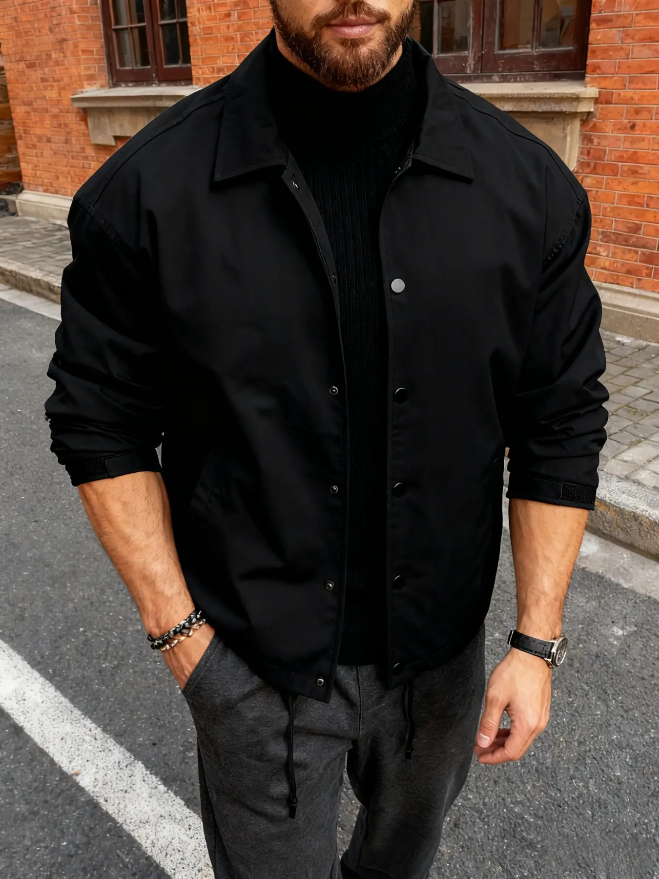 Men's Casual Jacket, Button Front Snap Closure, Side Pocket Design, Solid Color Lightweight Blazer, Polyester, Spring Fall Outerwear