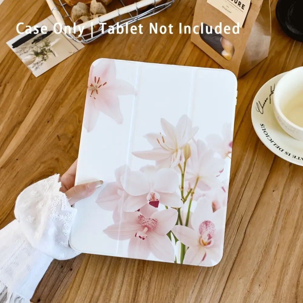 Light pink Cymbidium orchid and lily pattern; features an adjustable stand and pen slot; foldable, non-slip TPU protective case; compatible with Samsung, iPad mini, iPad Air, iPad Pro, iPad (10th/11th Gen), and other iPad series.