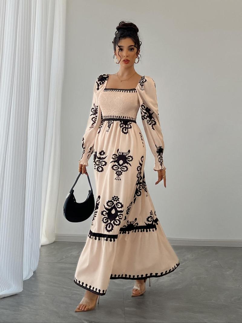 Women's Vintage Floral Lantern Sleeve High Waist Dress, Square Neck Shirred Design, Valentine's Day Party Elegant