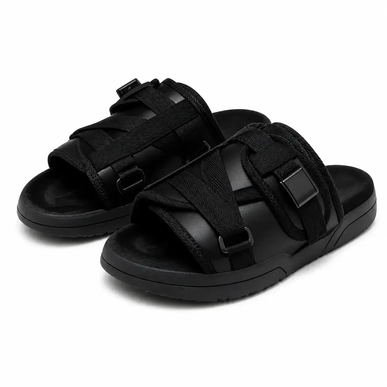 Black Utility Cross Strap Slide Sandals For Men & Women, Cushioned Comfort Platform Slides, Trendy Dark Grunge Aesthetic Outdoor Beach Footwear