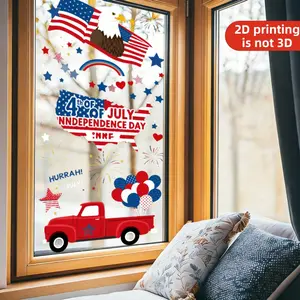 2D Flat Static Cling Independence Day Window Stickers Glass Film Glass Window Film Glass Window Decals American Flag Fireworks Red Truck Balloons Stars And Stripes Patriotic Design Rectangular Shape Holiday Decoration Ornament For Home Office Car Windows