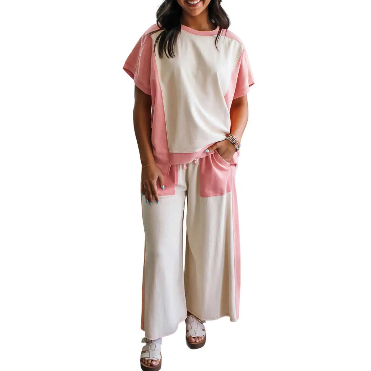 White Two-tone Color Block Patchwork Tee Drawstring Loose Pant Set
