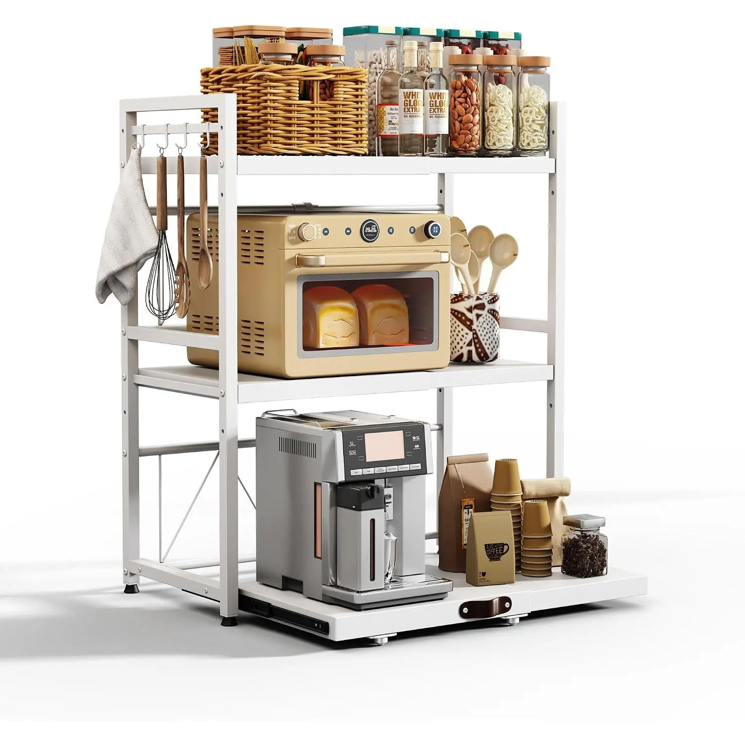 Expandable Microwave Stand,3 Tier Metal Kitchen Countertop Organizer Shelves with 8 Hooks,Bakers Rack,Pull-Out Microwave Shelf,Metal Storage Shelves,110lbs Weight Capacity,White