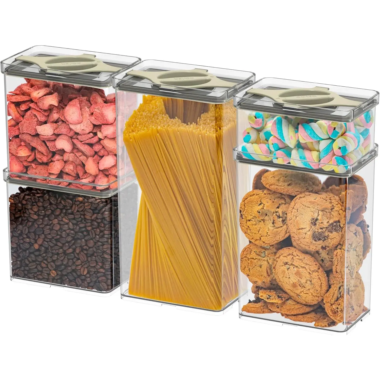 Airtight Pantry Storage Container 5 count Set Twist-Lock Lid, Sand | 0.8qt, 1.9qt ×2, 3qt, 4qt Leakproof Detachable Lid for Easy Cleaning, Cereal, Pasta, Rice, Oats, Snack Storage