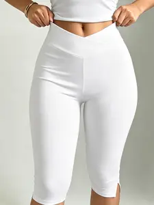 Summer New Women's Cross Mid-Waist Pants, Side Slit Tight Fit Slimming Solid Color Fashion Trousers, Stylish and Comfortable, Casual Chic Bottoms