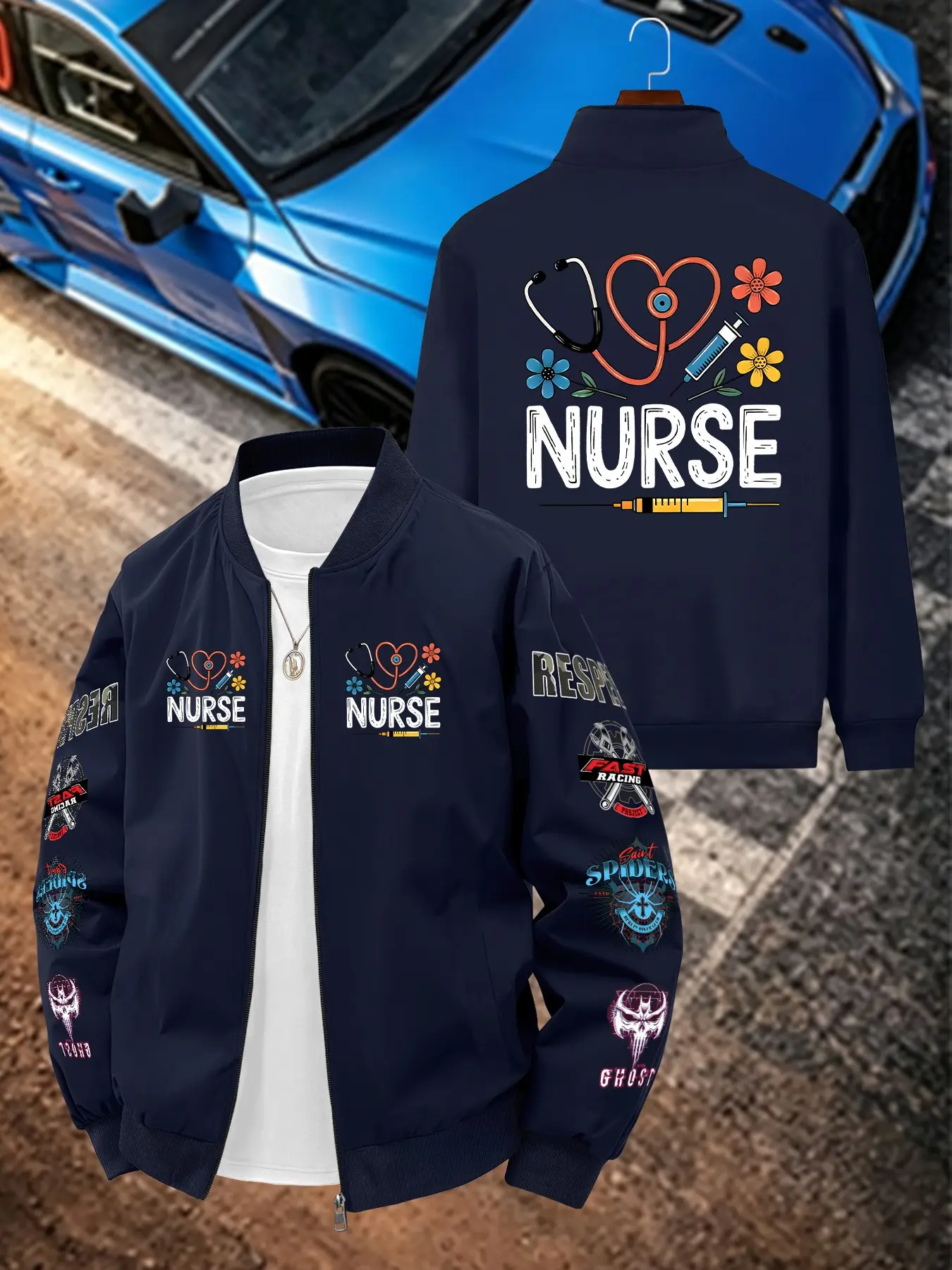 Nurse Heart Stethoscope Print Men's Casual Jacket, Long Sleeve Slim-Fit, Geometric Pattern, All Seasons, Unlined