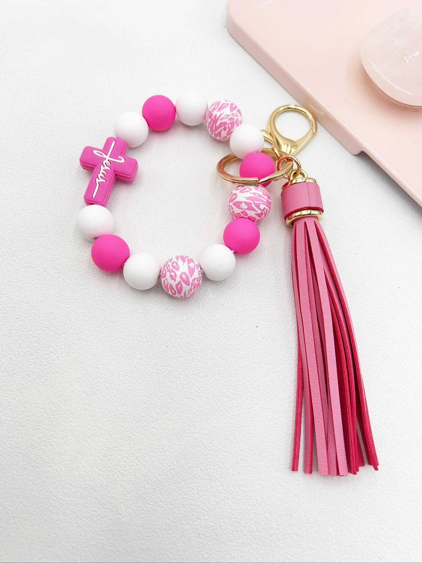 1 Piece Leopard Pattern Tassel Decor Beaded Keychain, Trendy Cute Jewelry for Women & Men, Fashion Accessories, Perfect Gift for Friends