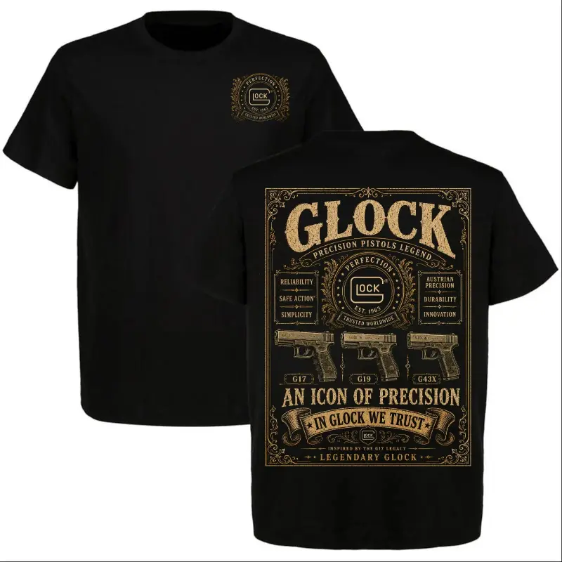 Graphic-T-Shirt Glock G17 G19 G43X Shirt, "In Glock We Trust" Vintage Tactical Graphic Tee, Front and Back Print, Glock Fan Shirt, Tactical Style Apparel, Men's Gift Shirt, Unisex Casual Streetwear Tee, Classic Graphic T-Shirt, Camiseta Verano