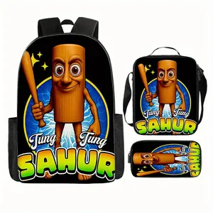 Tung Tung Tung Sahur three-piece set with baseball bat print, includes a backpack, shoulder bag, insulated lunch box, and small pencil case, suitable for daily use by both men and women