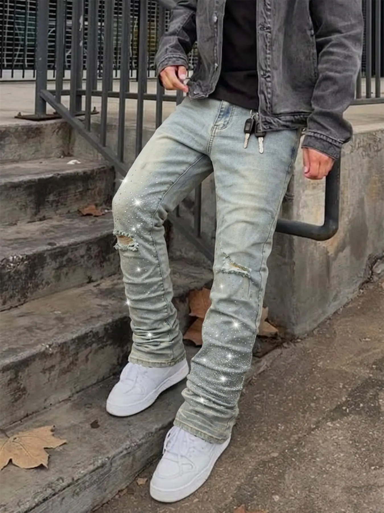 2026 Spring Summer American Retro Menswear Slim Fit Jeans, Rhinestone Cut Out Design, Bling Jeans, Fashion Casual Denim Jeans, Daily Wear