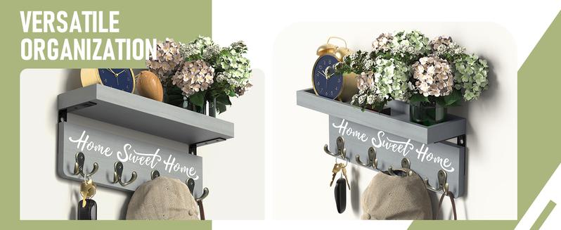 Wall-Mounted Key and Mail Holder, Wooden Key Rack With 4 Double Key Hooks, Rustic Home Decor for Entryway (Gray)