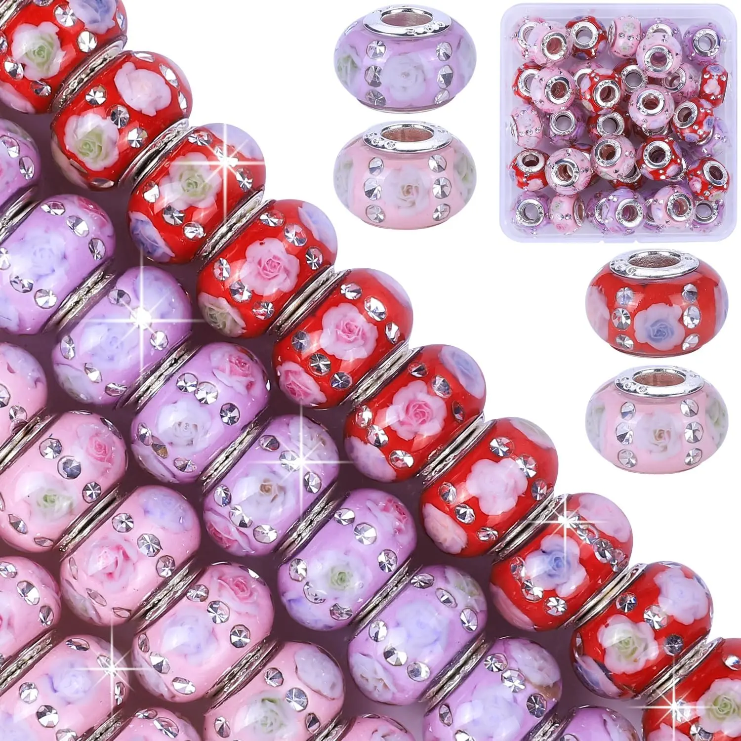 Lucky  Beads and Spacers European Craft Beads with Rhinestones for DIY Charms Bracelet  Making (+Red+Rose Rose Floral, 50 count)