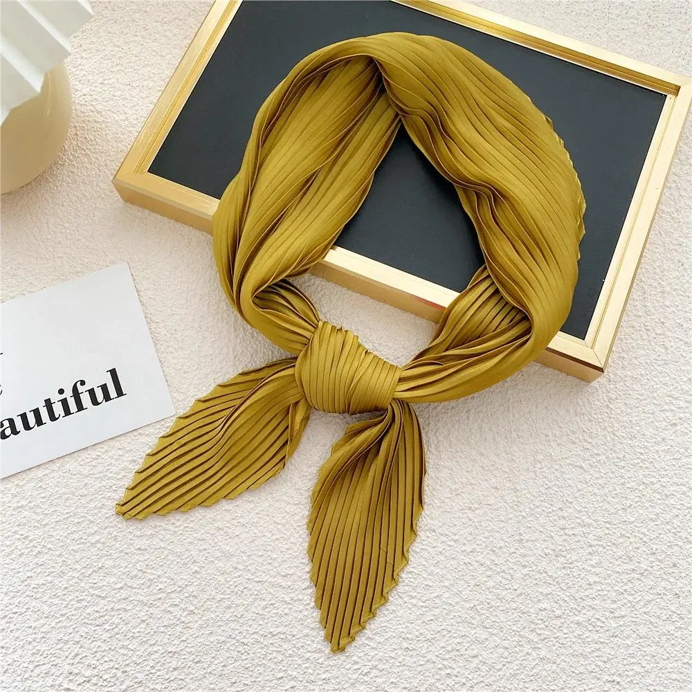 Women's Unisex Silk Pleated Square Scarf - Solid Color Decorative Headscarf, Skinny Hair Tie Band, Foulard Accessory