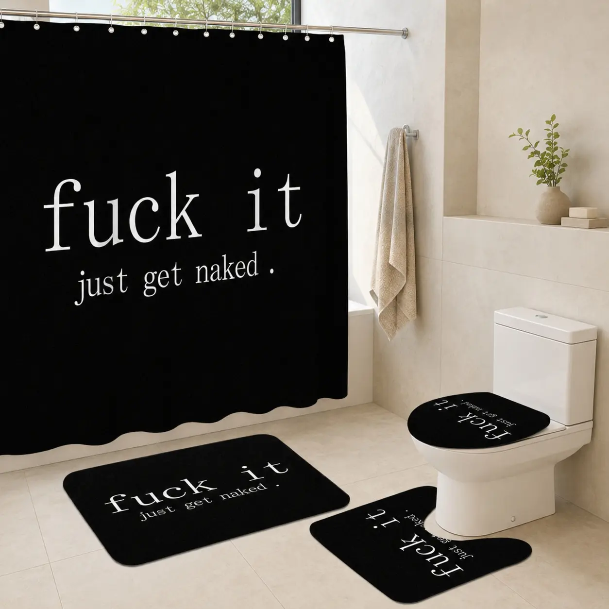 4pcs Black Minimalist Bathroom Decor Set, “Fuck It Just Get Naked” Typography Shower Curtain Print, Funny Rude Quote Vibes for Halloween Party TikTok Trend Home Styling, Bathroom Decor Accessory