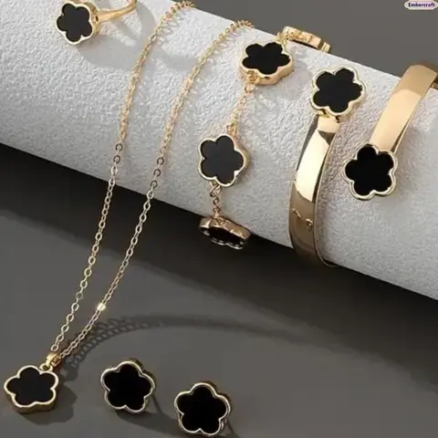 Women's 5PCS Dainty Lucky Flower Design Costume Jewelry Set - Rings, Necklace, Bracelet, Earrings - Elegant Female Party Accessories for Wedding, Gifting, Matching Jewelry Sets
