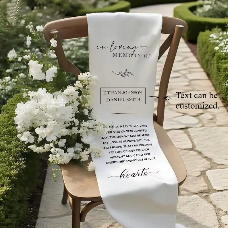 Loving Memory Chair Banner - Ceremonial Text Print Decor, Silk/Cotton Fabric Option, Wedding Art Sign; Specify Customization Details or Standard Version Ships, Remembrance