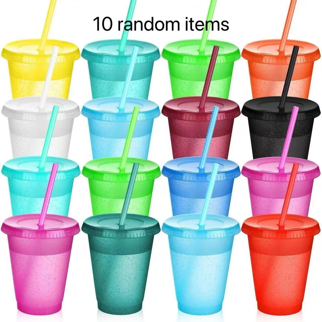 10 Reusable Colorful Plastic Cups, 16oz BPA-Free, Includes Lids and Straws, Perfect for Parties and Smoothies, Plastic Party Cups, Random Colors