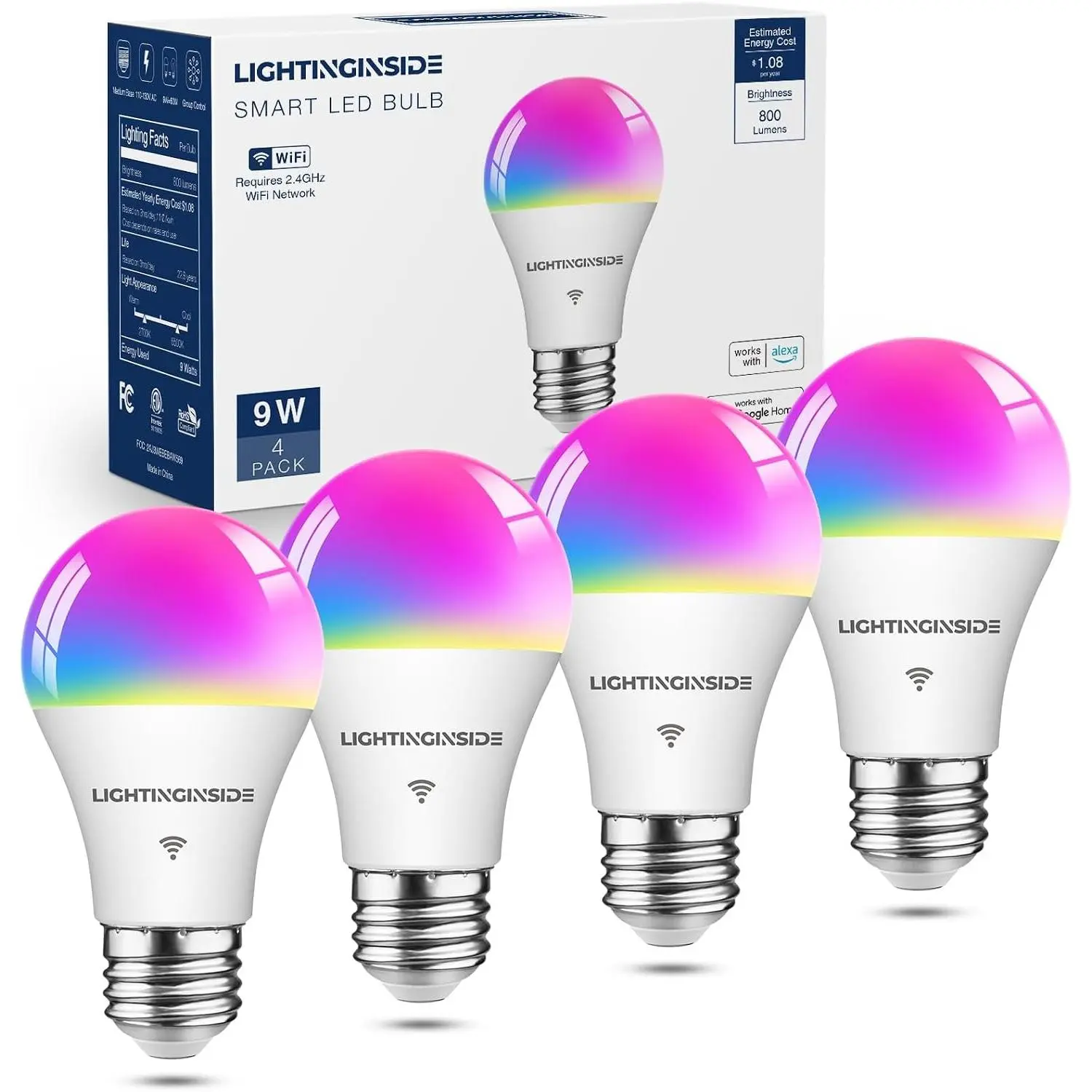 Smart Light Bulbs 60W Equivalent, WiFi Smart Bulb Compatible with Alexa/Google Assistant/Smart Life, A19 E26 RGBCW Color Changing, No Hub Required, 2.4G WiFi, ETL Listed, 9W 800LM, 4PCS