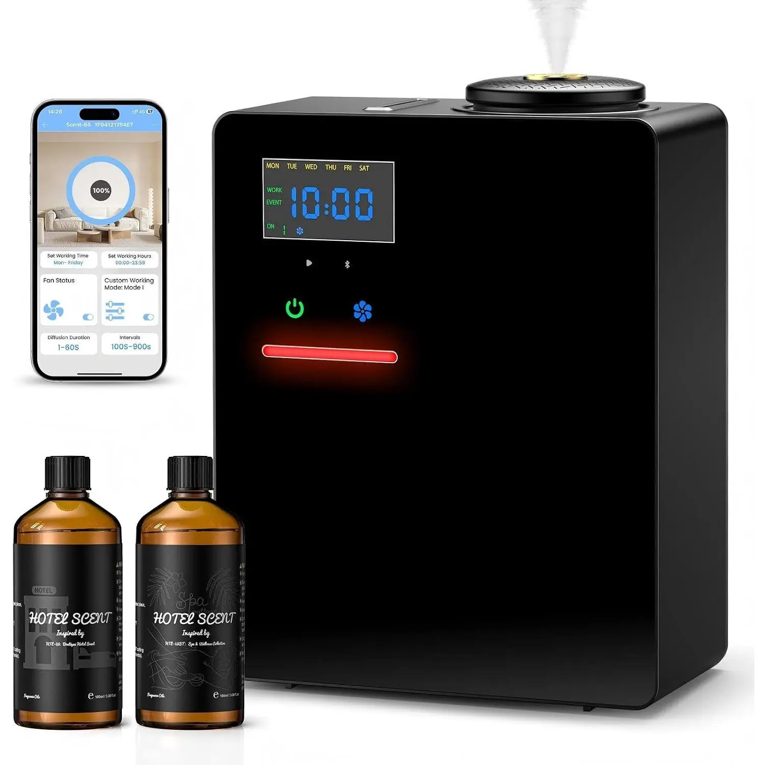 XEITIN Waterless Essential Oil Diffuser with 2 x 100ML Oils, 5000 Sq.Ft Whole House Scent Machine, 200ml Cold Air Fragrance Diffuser with Bluetooth App Control for Home Hotel Office, Black