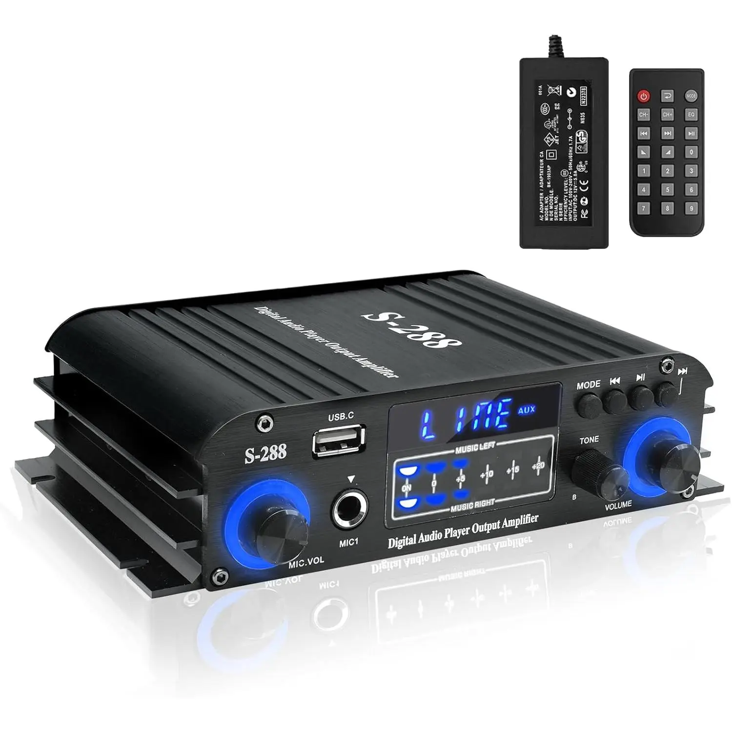 Compact 5.0 Bluetooth Stereo Receiver Audio Amplifier, 50Wx4 RMS/1200W Max HiFi Class D Amplifier with USB/SD/FM, Remote Control, Mobile Connection & Streaming for Home Theater, Adapter, Wired