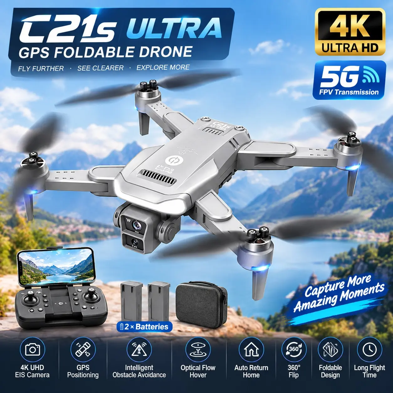 2026 New C21s Ultra Aerial Drone, 4K Uhd Eis Shooting, GPS Navigation, 5g WiFi Fpv, Brushless Motors, Obstacle Avoidance, Dual Batteries