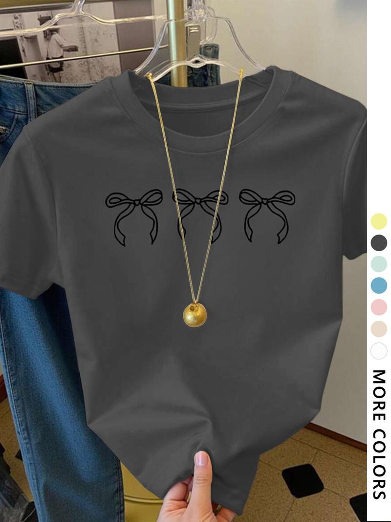 Women's Bow Print Round Neck Tee, Casual Cute Short Sleeve T-shirt for Summer, Ladies Clothes for Daily Wear, Top, Tshirt