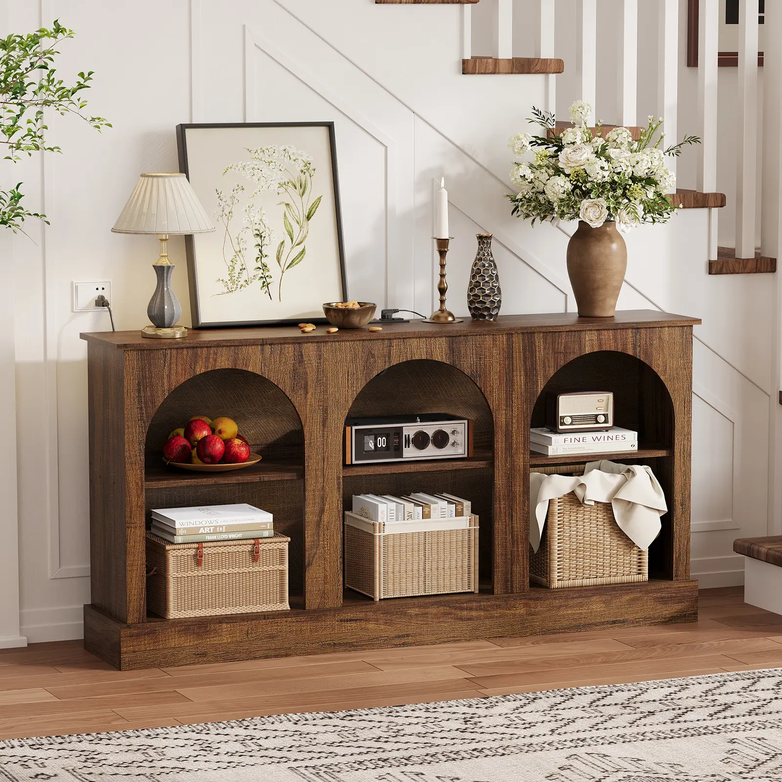 63" Arched TV Stand with Power Outlets and USB Ports, Modern Console Table with Charging Station for Entryway Living Room,Media Console with Open Shelves for TV Up to 65 70 Inch