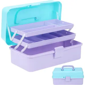 Sewing Box, 3-Layer Craft Organizers Portable Folding Toolbox, Plastic Tool Box with Handle for Sewing Supplies, , Art Supplies, Nails and Hair Accessories 12.5inch