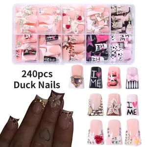 240pcs Long Duck Mouth Press-On Nails, Glittering Fake Nails, 3D Gel Flowers, Butterfly Knots, Rhinestones, Star Decorations, Heart and Piano Patterns, Includes Nail File and Jelly Glue