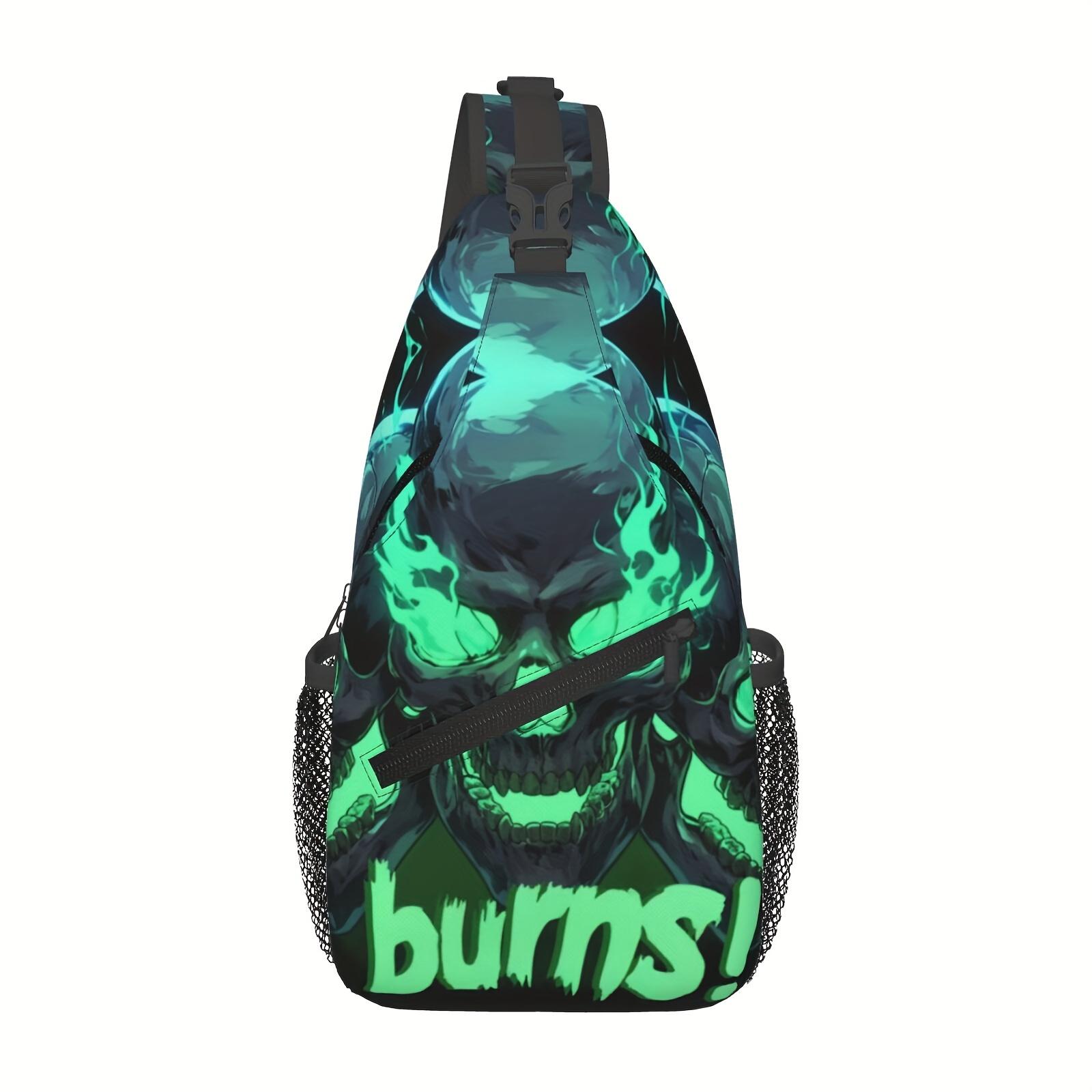 A Versatile Green Crossbody Chest Bag Featuring a Flaming Skull Design, Perfect for Hiking, Shopping, Or Leisure Travel. This Durable  Spacious Backpack Is Ideal for Beach Outings, Fishing Trips, School,  Makes a Great Christmas Gift and
