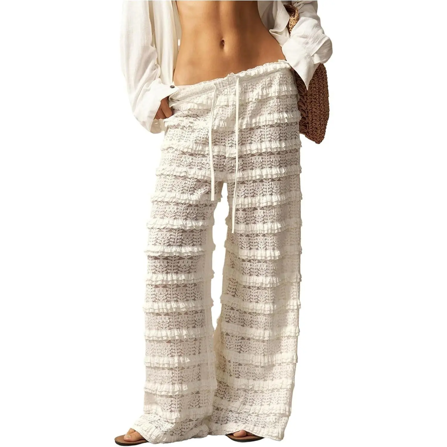Women's Crochet Lace Pants Mesh Beach Cover Up Vacation Outfits Ruffle Layered, Sheer Mesh, Wide Leg, Loose Fit, Beach Vacation Wear, Streetwear, Flowy Lace Pants