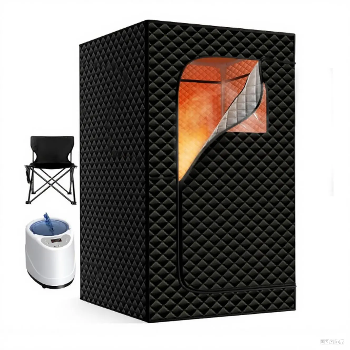 GARVEE Vine Single Portable Steam Sauna Tent with Silver Coated Thick Sponge Cloth, Fan-Shaped Black Body with Gray Edging, Foldable Steam Room for Adults with Remote Control