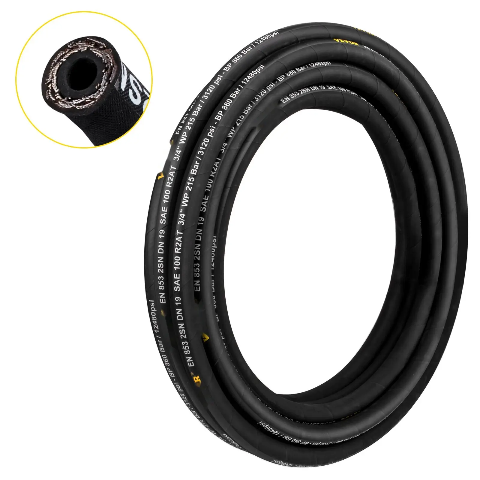 Hydraulic Hose 1/2-Inch By 100-Foot, Coiled Rubber Hydraulic Hose 4000 PSI, Dual High-Tensile Steel Wire Braid, Bulk Hydraulic Hose, -20C To 140C, Flexible Oil-Resistant Hose For Industrial Equipment And Machinery