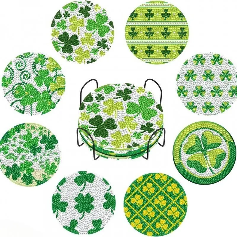 8Pcs St. Patrick's 4-Leaf Clover Diamond Painting Coaster Kit - Craft Core Festive DIY Art Set With Metal Storage Holder, Waterproof Tabletop Home Decor, Adult Relax Hobby & Birthday Gift