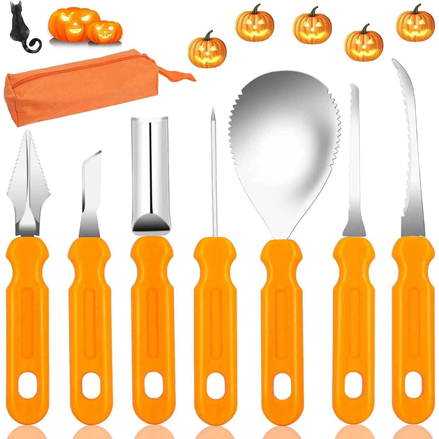 Halloween Pumpkin Carving Tools Kit, Professional and Heavy Duty Stainless Steel Pumpkin Cutter Knife Saw Scoop Tools Set for Kids or Adults, 7Pcs Carving Set for Halloween Decoration Jack-O-Lanterns