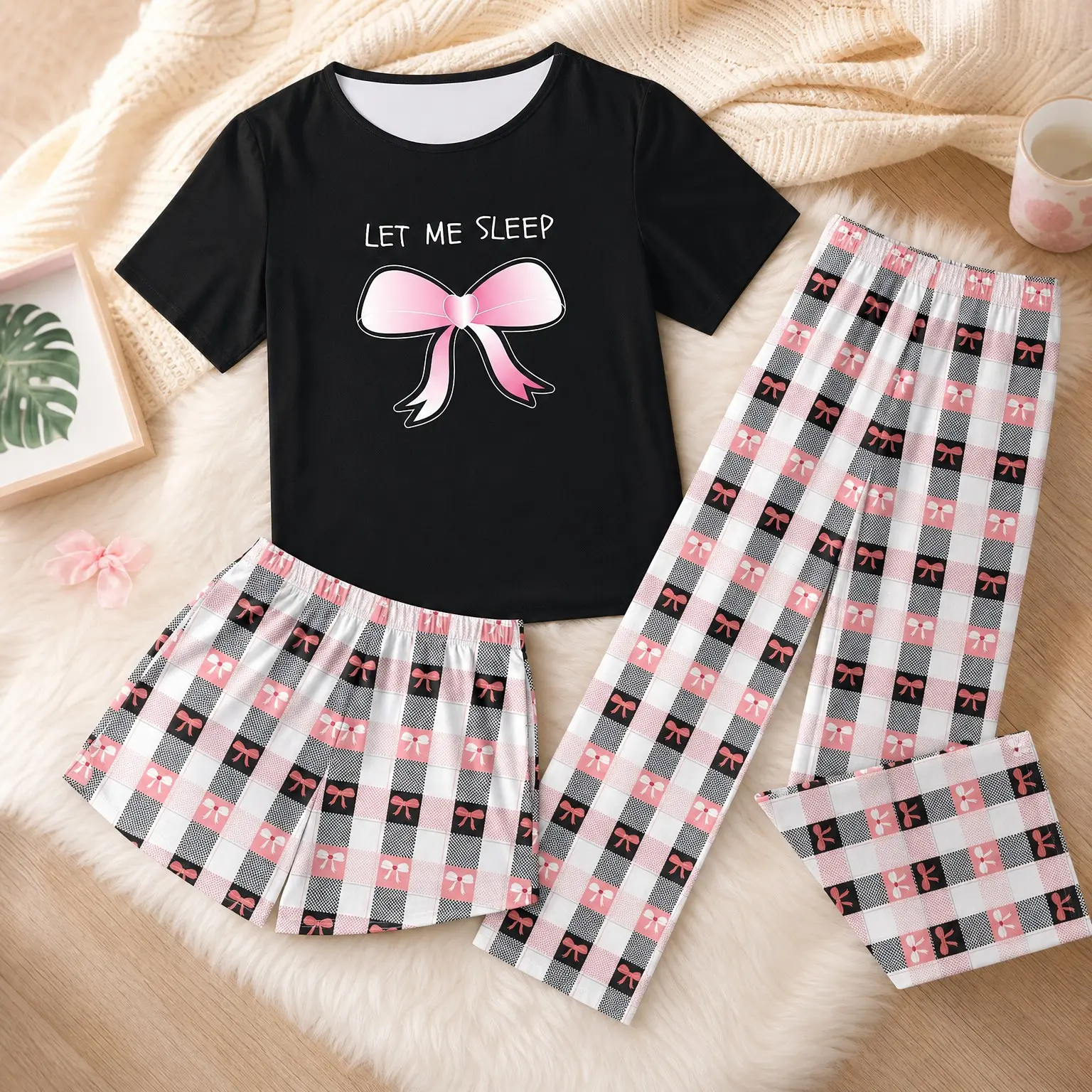 Girls 3-Piece Short Sleeve Pajama Set Summer Sleepwear Outfit | Soft Comfy Fabric, Cute Printed Jammies for Kids, Loose Fit, Ideal for Lounging, Sleeping, Pajama Party(Gift)