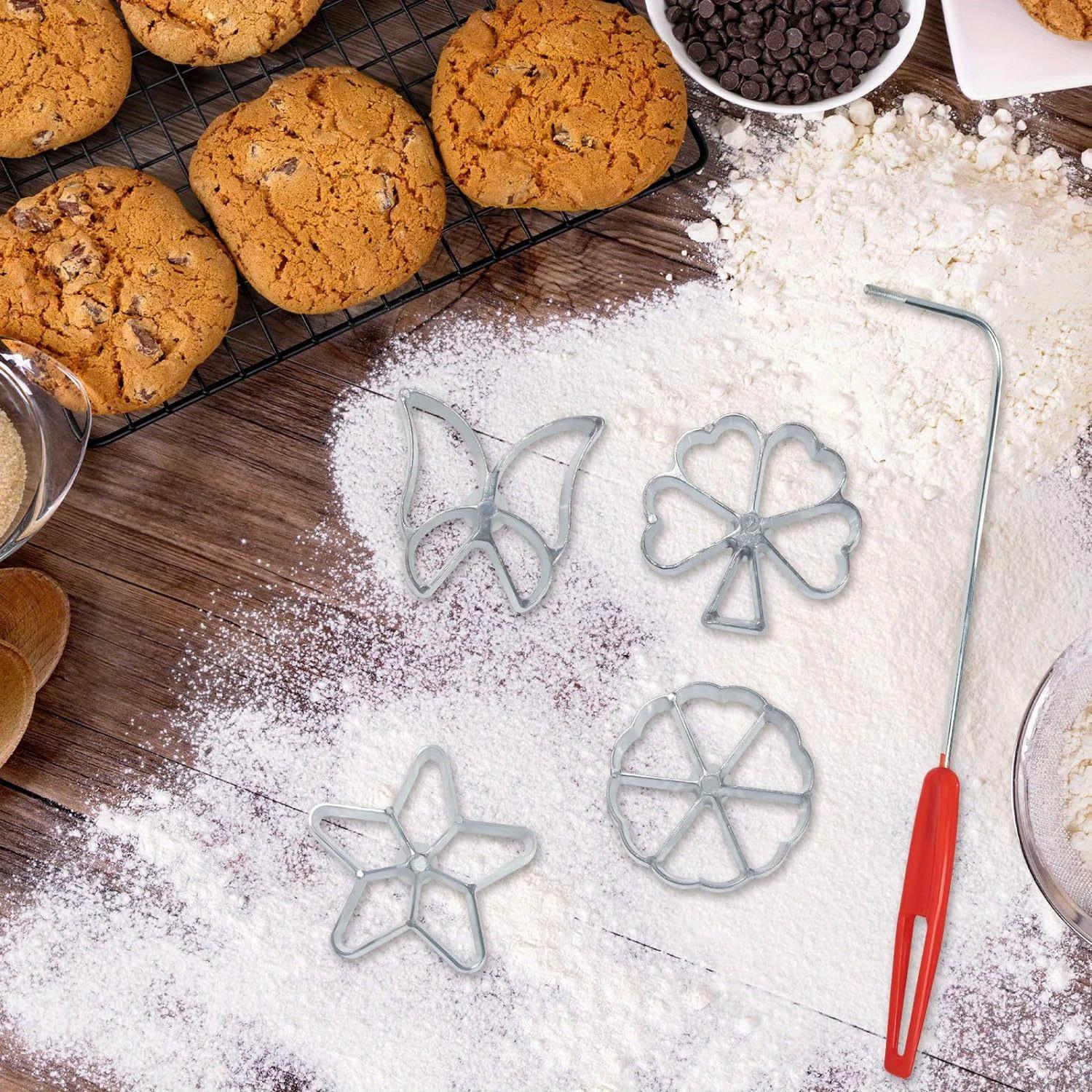 Creative Cake Printing Cookie Pastry Mold Set Featuring a Rosette Iron with Four Interchangeable Shapes: a Charming Butterfly, Star, Snowflake, And Leaf, Complete with a Lifting Handle for Easy Use in Baking Desserts, Biscuits, And Waffles