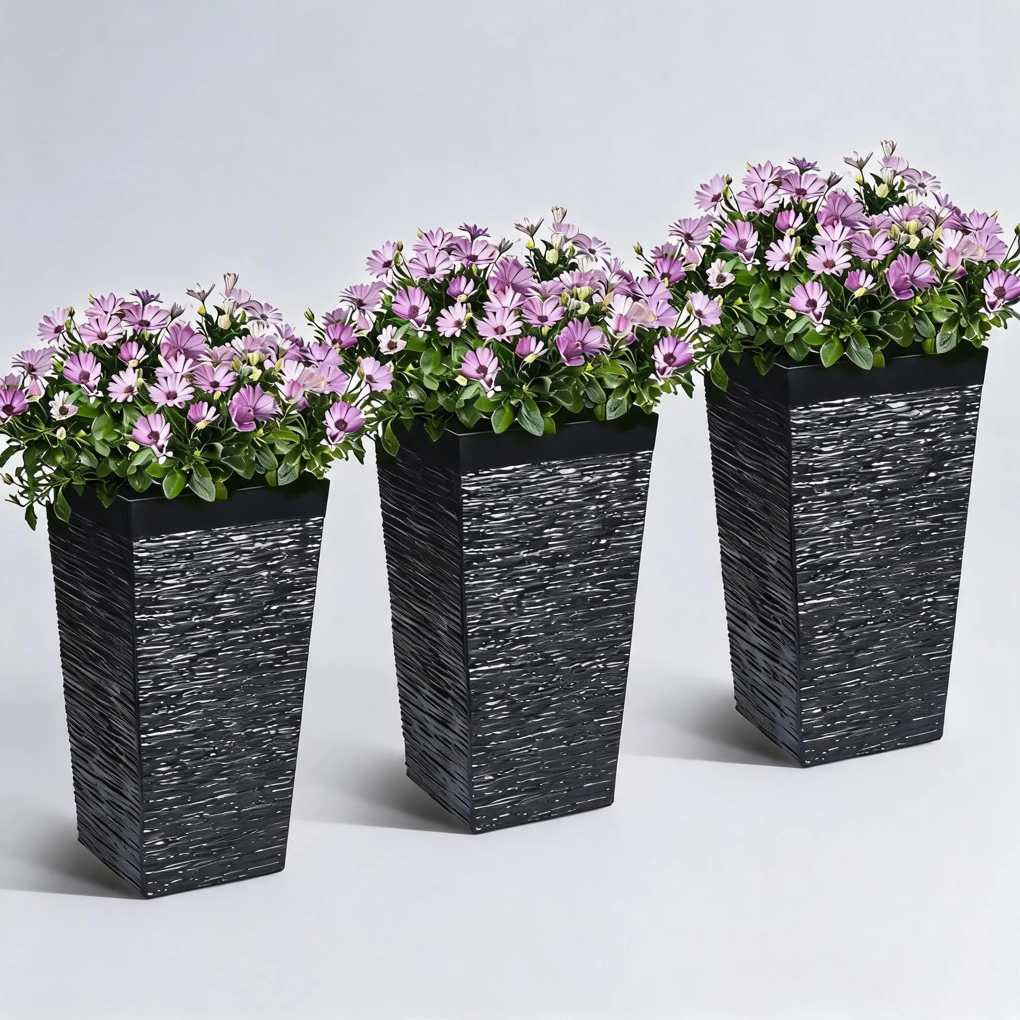 Set of 3 Large Tall Rectangular Planter Boxes - Modern Outdoor & Indoor Flower Pots with Drainage Holes & Wheels - Durable Plastic, Perfect for Garden, Patio, Porch, Balcony