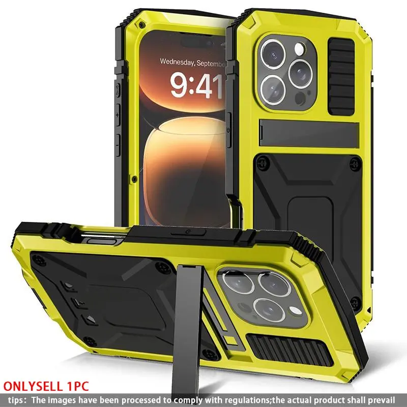 Metal 360° Full Coverage Design Protective Phone Case with Hidden Stand, Drop-Proof, Shockproof, Compatible with iPhone 16 Pro Max 15 14 13 12 11