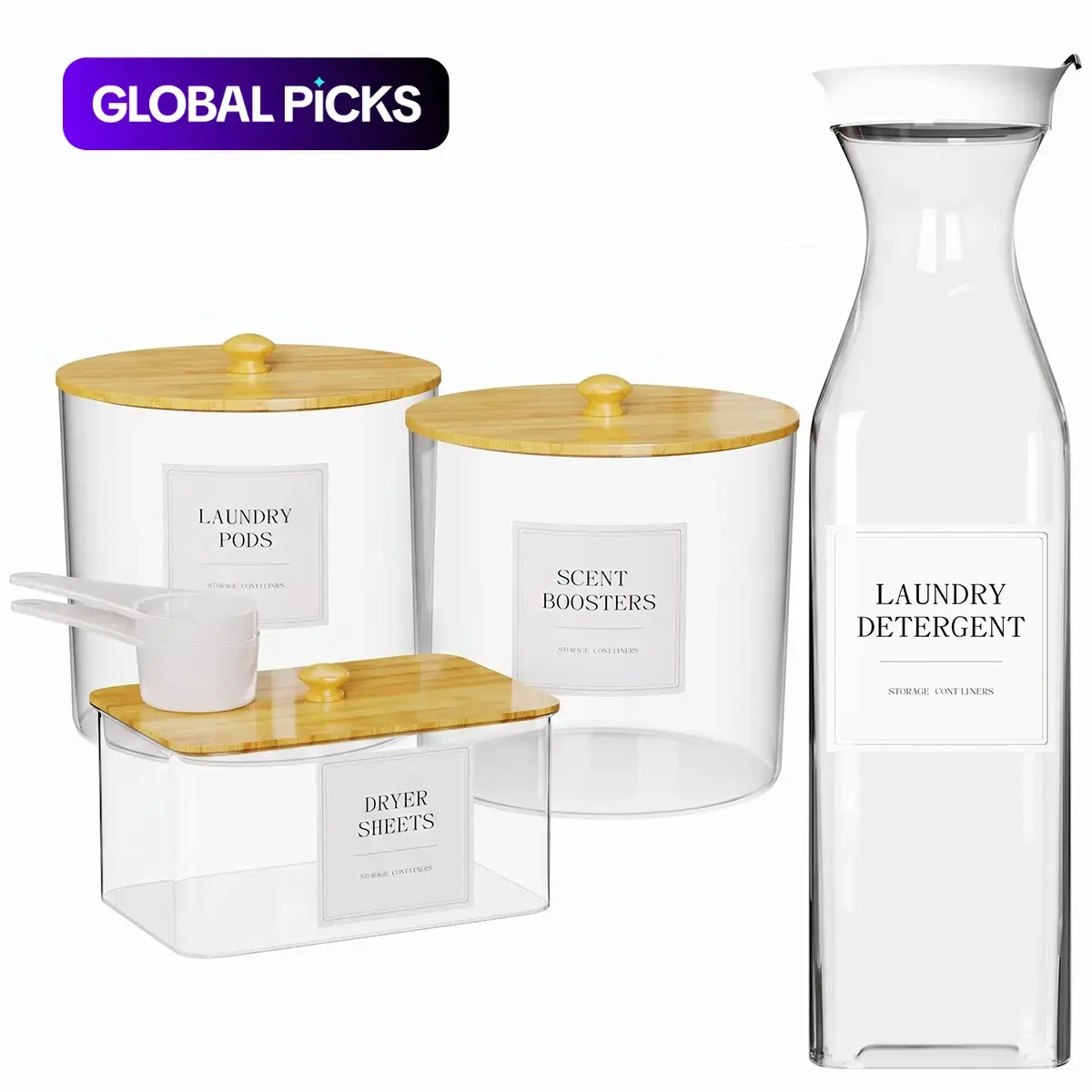 4-Piece Reusable Containers Set, Laundry Pods Container, Dryer Sheet Holder & Detergent Dispenser, Storage Organizer Jars with Wooden Lids, Labels & Scoops for Scent Boosters and Pods #GLOBAL PICKS