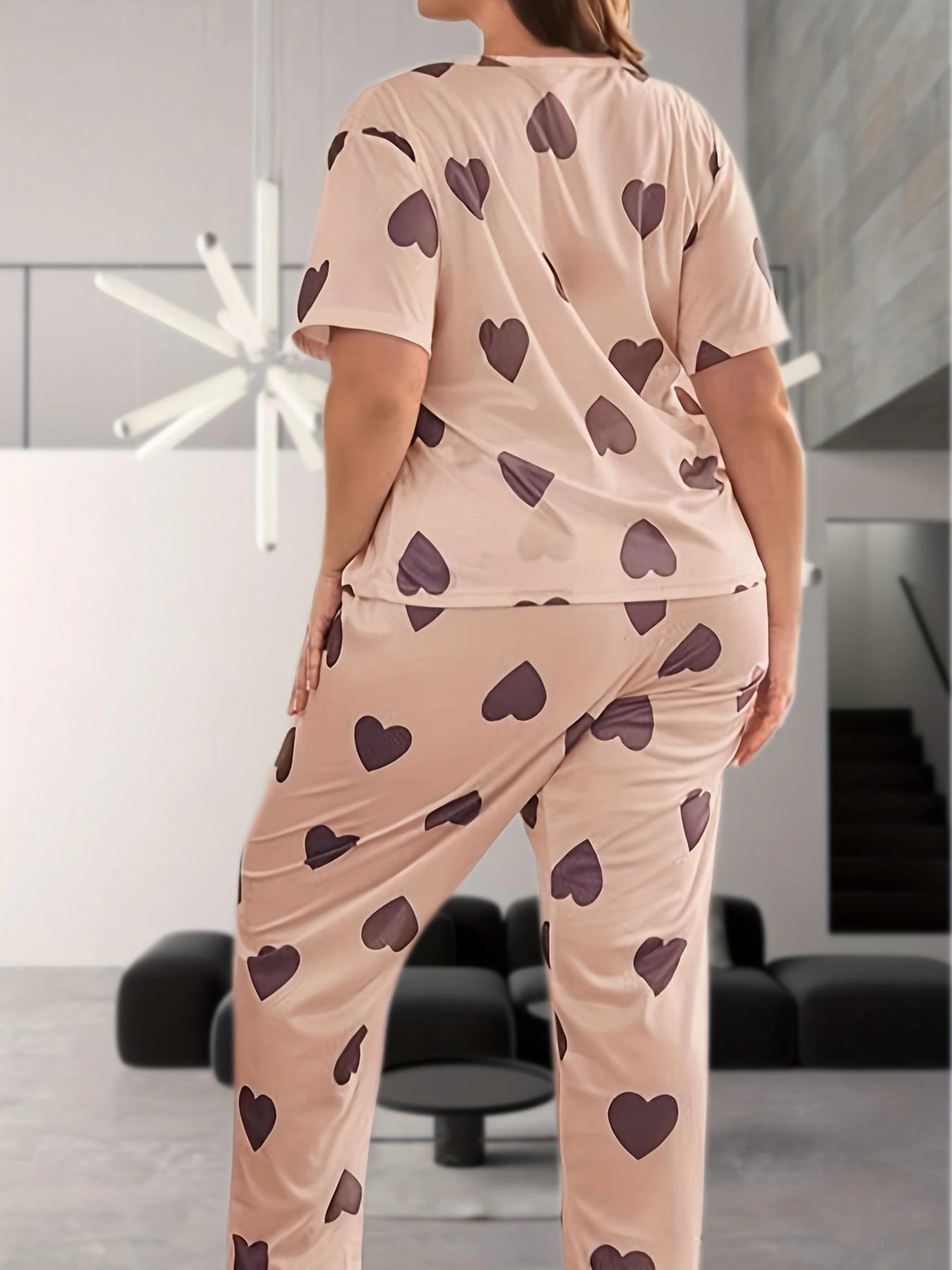 Plus Size Two-Piece Set Heart Print Drop Shoulder Tee & Elastic Waist Pants Pyjama Set, Casual Comfy Round Neck Short Sleeve T-shirt & Trousers Pj Set, Women's Sleepwear for All Seasons Valentine's Day, gift