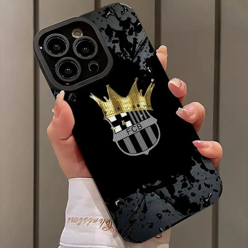 Barcelona Crest & Crown Faux Leather Anti-Scratch Drop-Proof Phone Case for iPhone 17 16 15 14 13 12 11 Pro Max Plus Air, Premium Christmas Gift Option