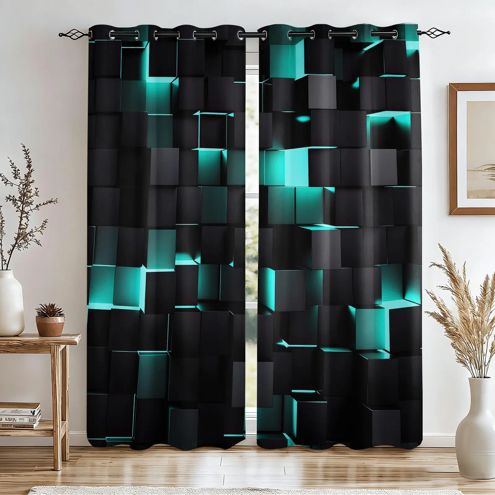 2 Panels Black Teal 3D Stereo Cube Blackout Curtains, Abstract Geometric Square Glow Print Grommet Window Drapes, Machine Washable Light Blocking Curtains for Immersive Sleep, Gaming Room Boys Bedroom Industrial Decor