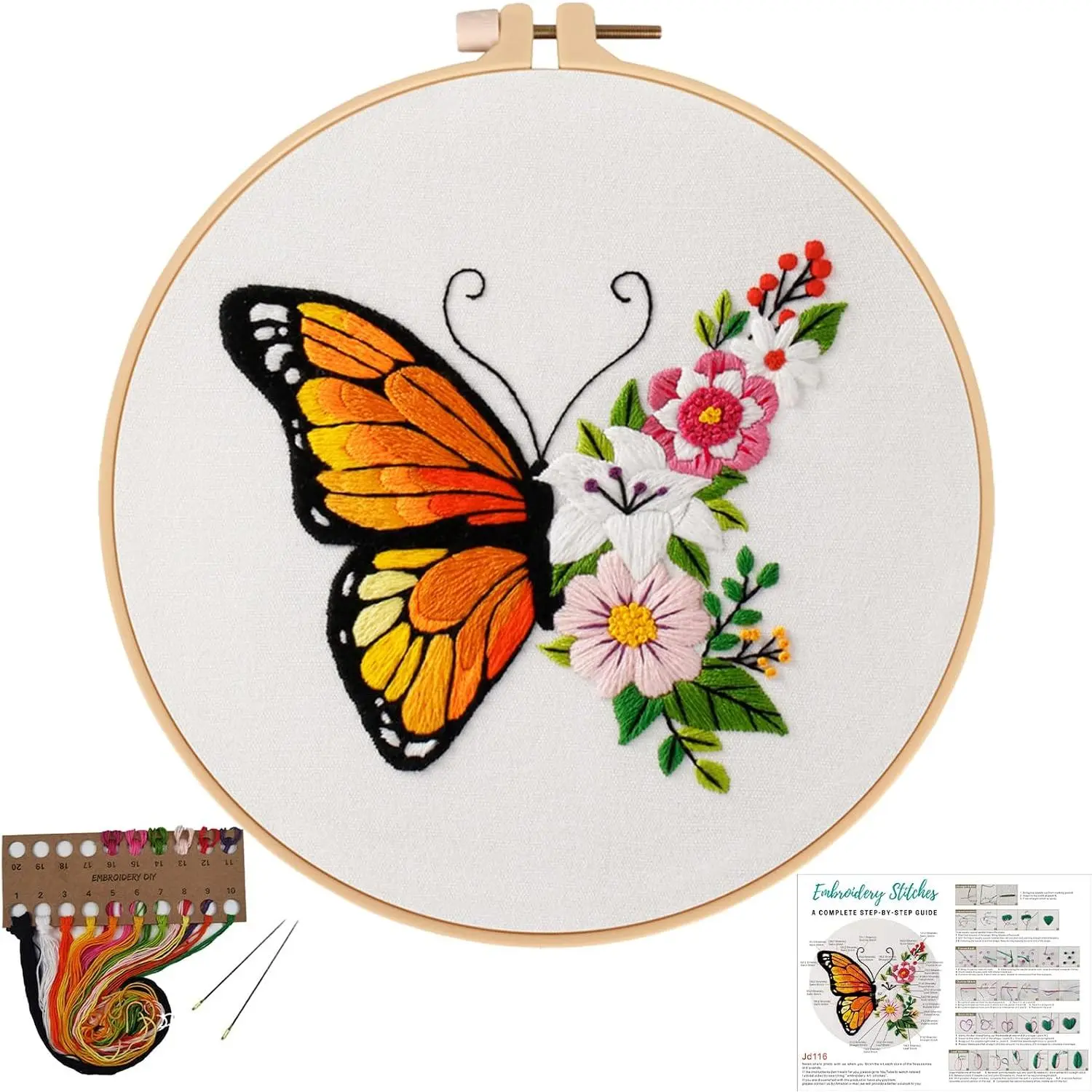 Floral Butterfly Embroidery Kit for Beginners Nature Craft | DIY Needlepoint Kit Offer Pre-Printed Fabric, Embroidery Hoop, Threads,  and Guide.   Kits for Beginners