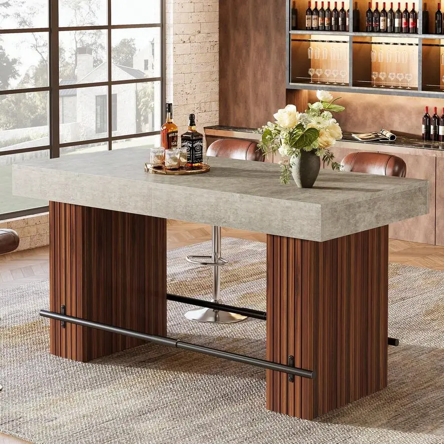 63-Inch Industrial Counter Height Bar Table - Rectangular MDF Pub Dining Table with Metal Footrest, Slatted Base, Cement Text., Easy Install for 4-6 People, Red Brown & Gray (Home, Dining Room Use)