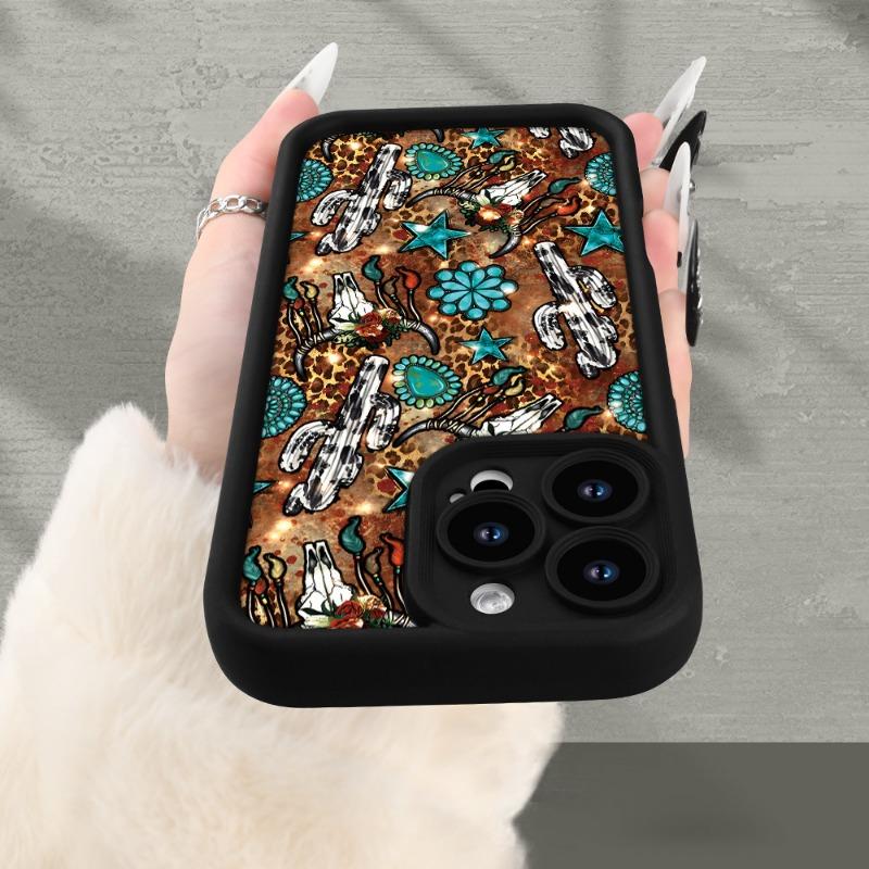 Western Cow Bone And Cactus Pattern Case for iPhone 16 15 14 Pro Max 13 12 11 XR XS E Plus Shockproof Non Slip Military-Grade Protection Silicone Cover